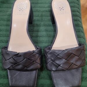 Vince Camuto Black Braided Leather Block Heel Mules